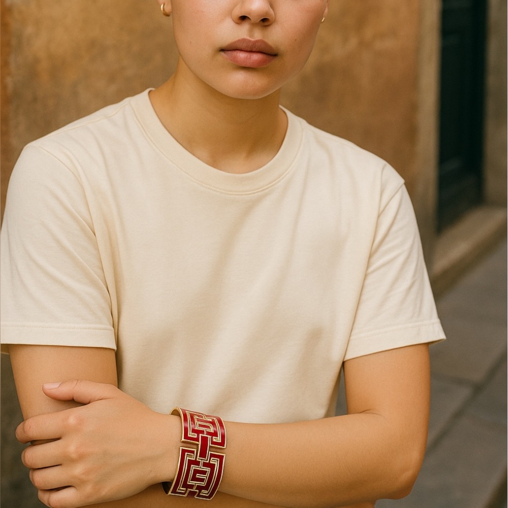 Spartina 449 Red Enamel Greek Key Wide Gold-Tone Statement Cuff Bracelet